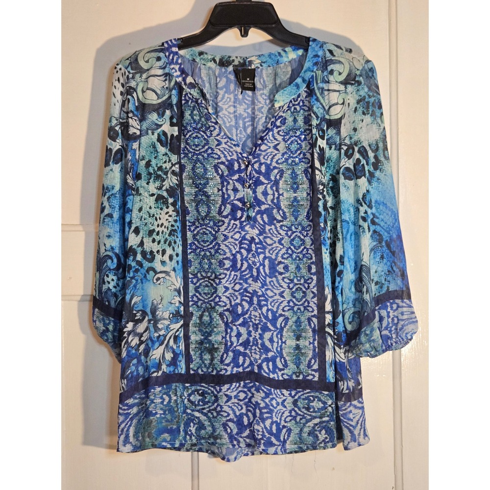 New Directions Blue Printed Sequin Accent Tunic Blouse 3/4 Sleeve Womens Medium